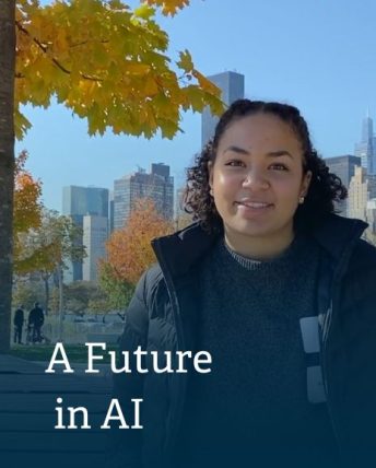 a student smiles at the camera in front of the new york skyline. Next to her, the words