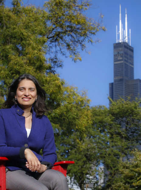 Amita Shetty on the quad at UIC with the Sears Tower in the background