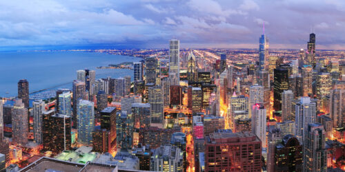 Chicago evening sky, panoramic view of downtown