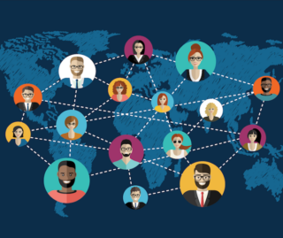 Colorful illustration showing people around the world connected in a network