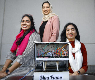Sarah Iqbal, Ammara Ashraf, and Farah Iqbal with their Expo design project “Interactive Arduino Mini Piano” in Wheaton, May 2, 2021.