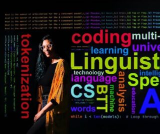 Danielle Cartagenes poses in front of a colorful word cloud against a black screen