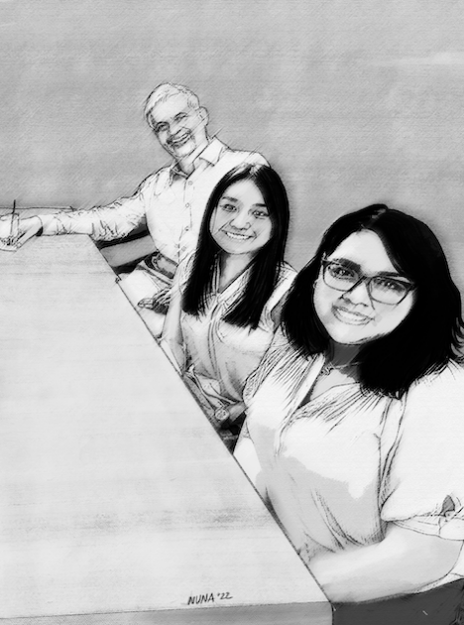 artist's black-and-white sketch of two GE Healthcare Sprinterns with one of their mentors