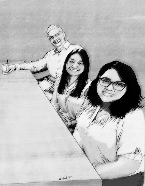 artist's black-and-white sketch of two GE Healthcare Sprinterns with one of their mentors